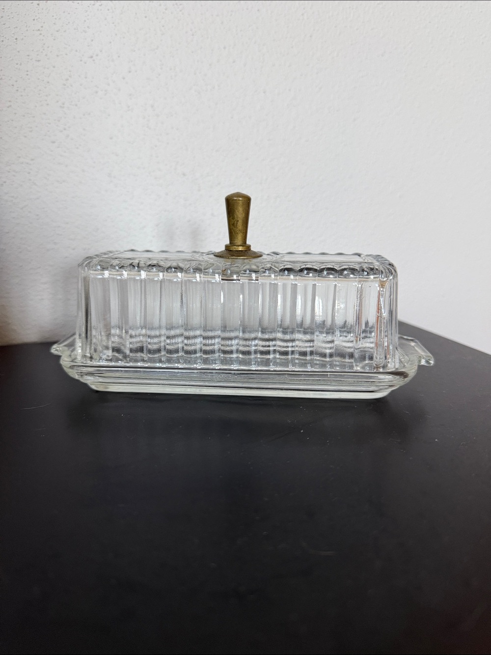 Vintage Clear Glass Butter Dish with Brass Knob